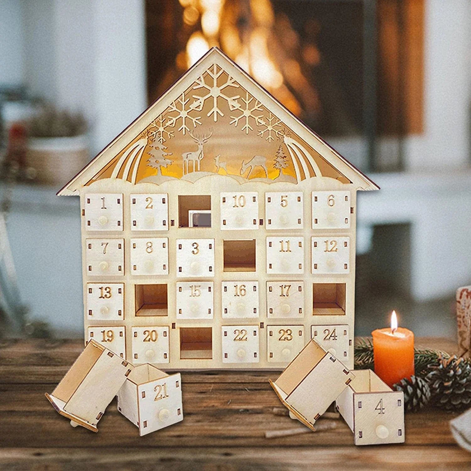 Handcrafted British Christmas ornaments in natural wood colour, showcasing elegant European-inspired design