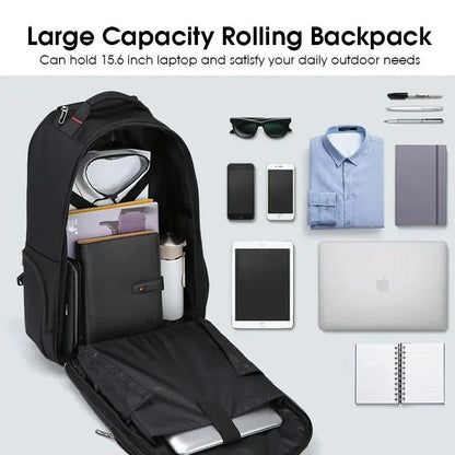 A black, multifunctional wheeled backpack with a padded laptop compartment and smooth-rolling wheels for effortless travel