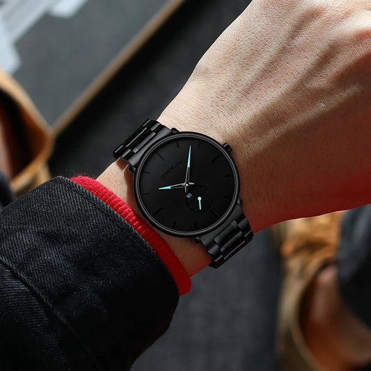 A stylish stainless steel waterproof watch with a sleek design and various coloured needle options