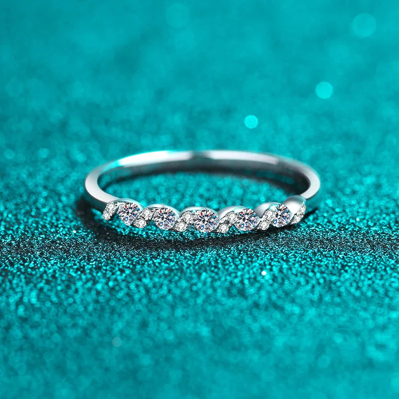 Exquisite Moissanite-Adorned Ripple Fashion Ring in Sterling Silver, Available in a Range of UK Sizes