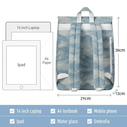 Denim Jacquard Backpack with Corrugated Print Pattern and Ample Storage Compartments