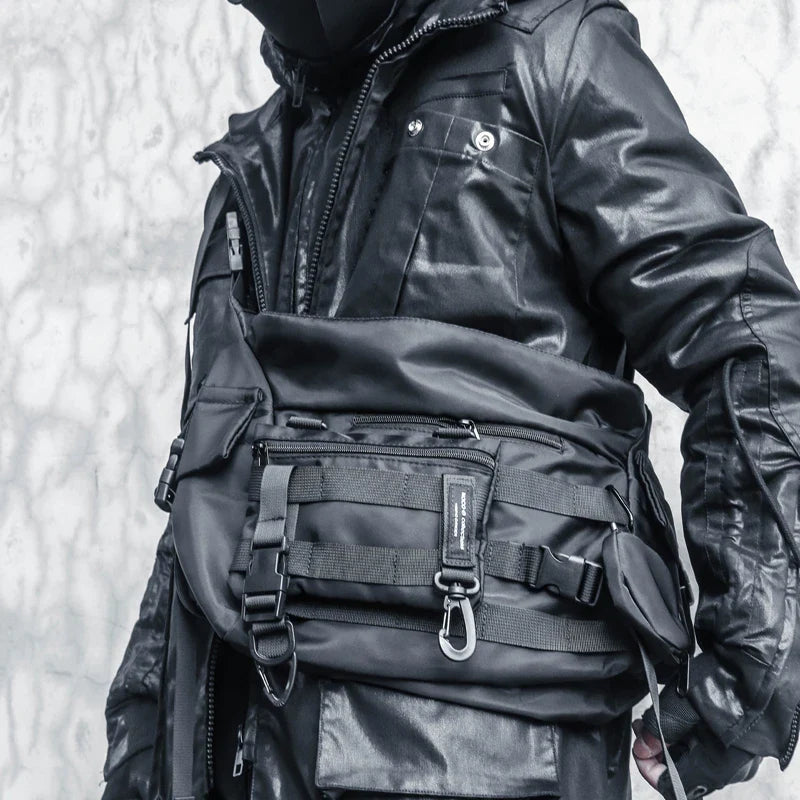 Premium nylon crossbody bag in black with adjustable strap and internal pockets for everyday use