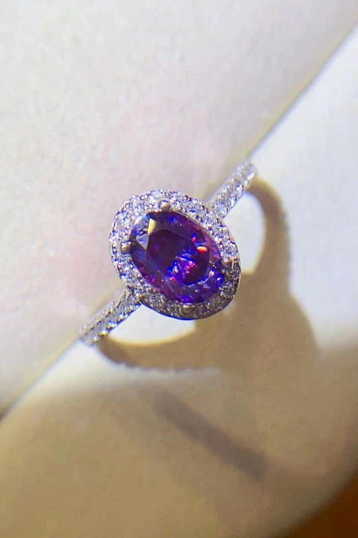Sophisticated 1 carat purple moissanite ring in 925 sterling silver, featuring a minimalist design and sparkling zircon accents