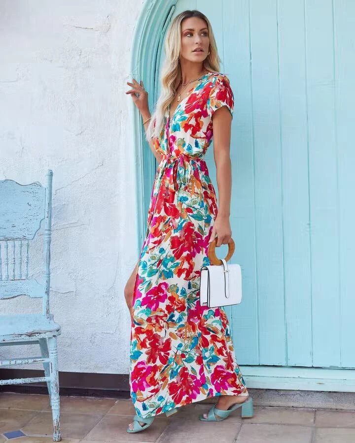 Premium lace-up v-neck printed midi dress for women in picture colour