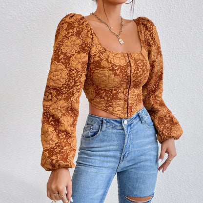 Embroidered long-sleeve tank top in brown, with square neckline and bubble sleeves