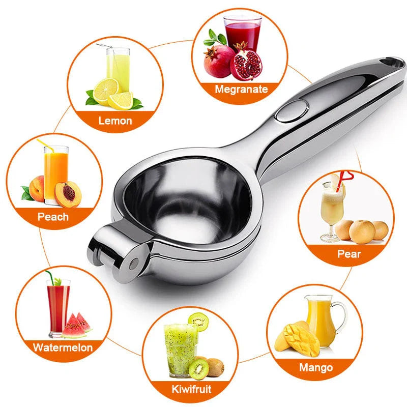 A high-quality manual lemon squeezer made of stainless steel for extracting fresh citrus juice