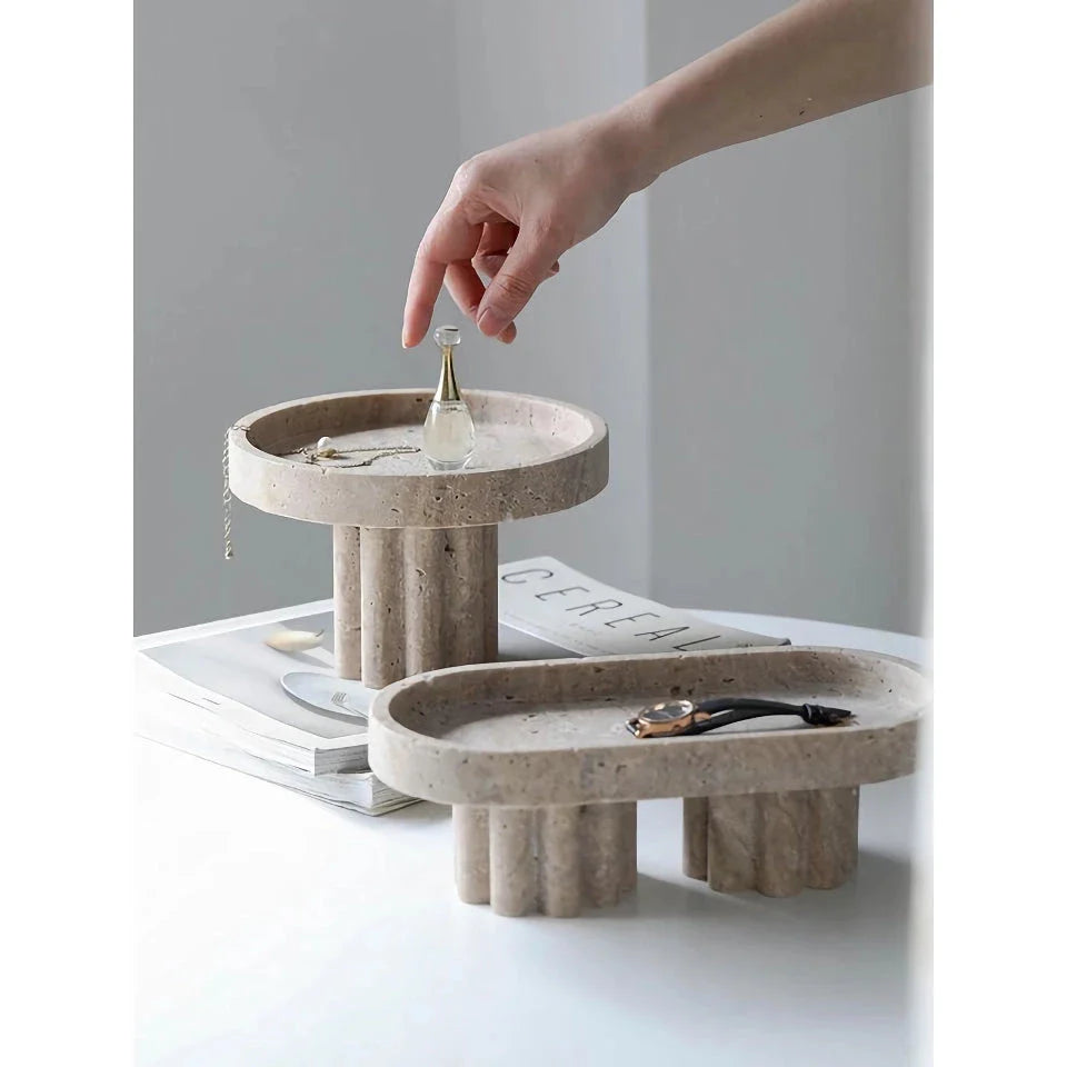Elegant natural travertine marble serving tray with wooden legs, showcasing unique patterns and a smooth, hand-polished surface for serving, organising, and displaying.