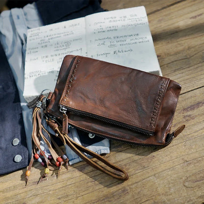 Premium handcrafted vintage leather wallet in classic black colour, featuring a spacious interior with multiple compartments for organised storage.
