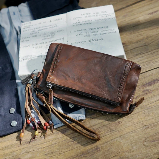 Premium handcrafted vintage leather wallet in classic black colour, featuring a spacious interior with multiple compartments for organised storage.