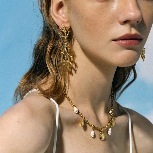 Elegant 18K gold plated coral pearl pendant earrings with a secure stud closure and a tarnish-proof finish