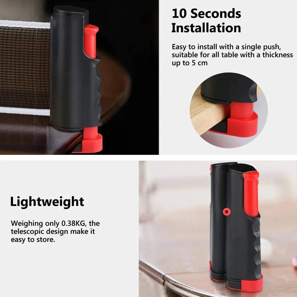 Compact retractable table tennis net that can be set up on any table for instant ping pong action