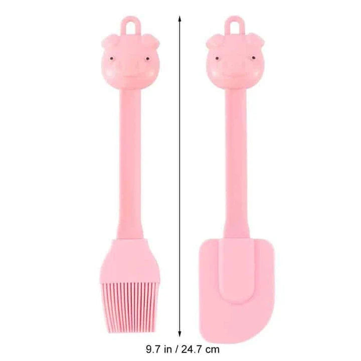 Cartoon pig-shaped silicone baking brush and scraper set for evenly applying oils and removing excess ingredients