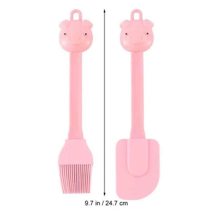 Cartoon pig-shaped silicone baking brush and scraper set for evenly applying oils and removing excess ingredients