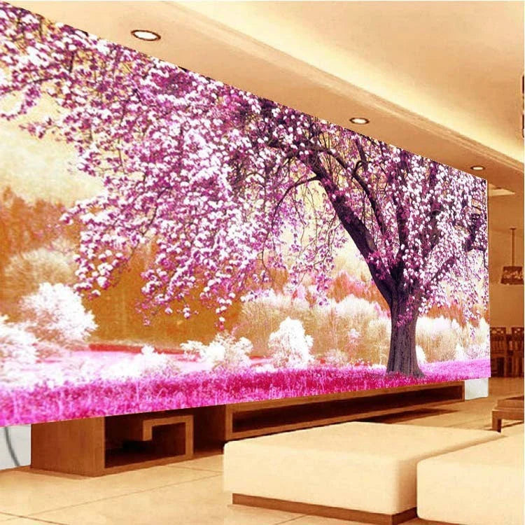 Exquisite forest landscape painting with blooming flowers and rich, verdant trees