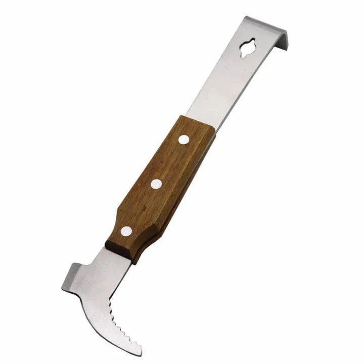 Stainless steel honey scraper with wooden handle, a versatile tool for beekeepers in the UK