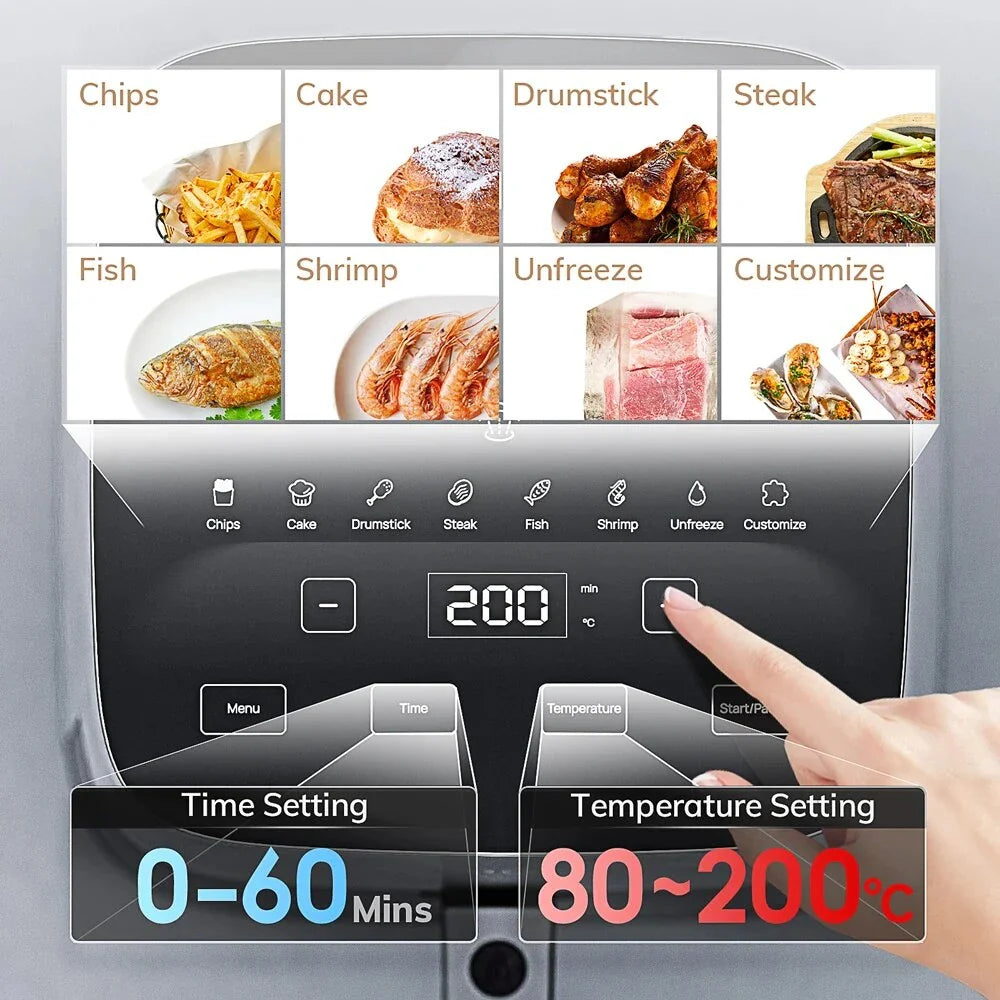 A powerful, family-sized air fryer with a touchscreen control panel and a transparent window for monitoring cooking progress.