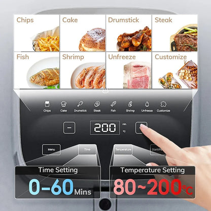 A powerful, family-sized air fryer with a touchscreen control panel and a transparent window for monitoring cooking progress.