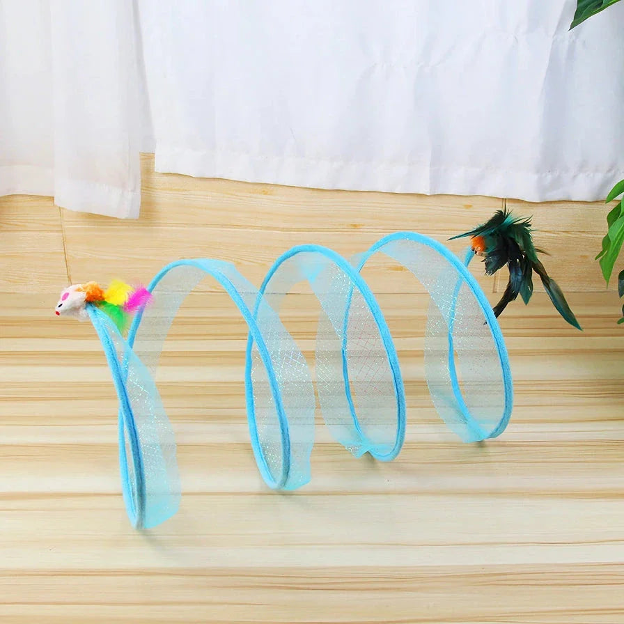 Interactive foldable cat tunnel with soft feather toys and hidden mouse, designed to engage and entertain your feline friend.