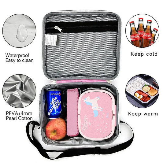 Cartoon unicorn-patterned lunch boxes with insulated lining and cutlery set, perfect for British professionals and families