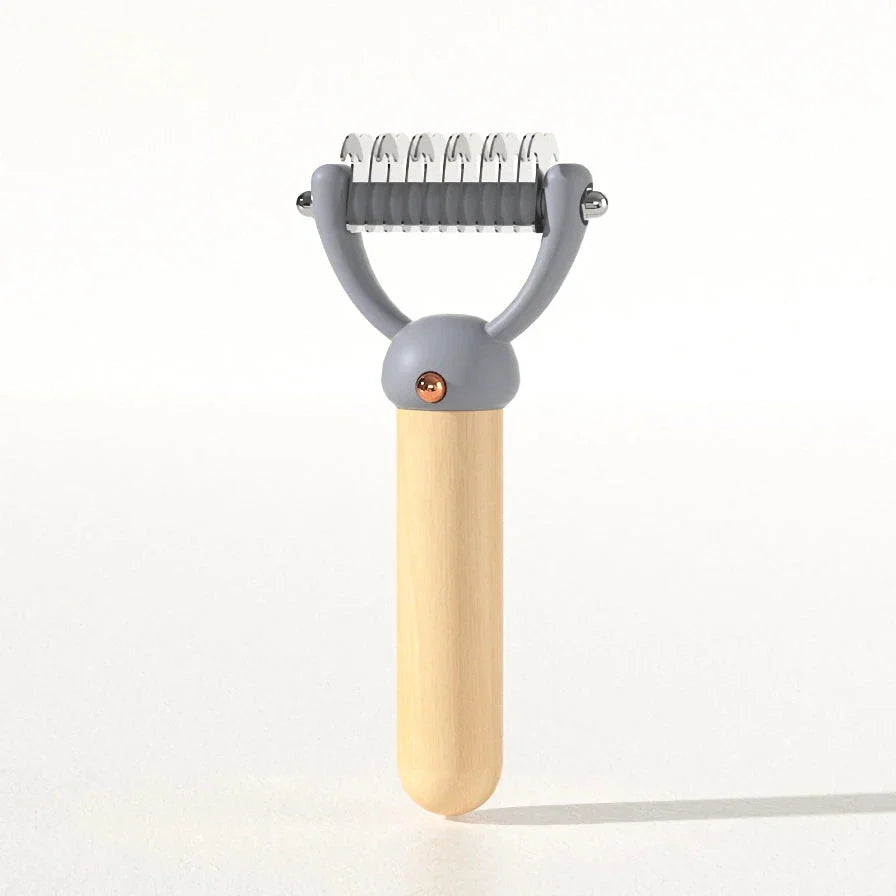 Double-sided pet hair comb with stainless steel blades and ergonomic wooden handle for effective grooming