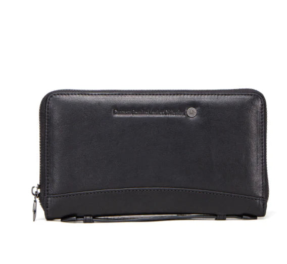 Premium black leather billfold wallet with belt loop detail, showcasing exceptional British craftsmanship and style