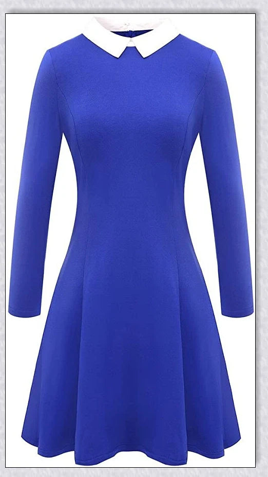 Elegant long-sleeved Peter Pan collar dress in multiple colours, perfect for Halloween or casual wear