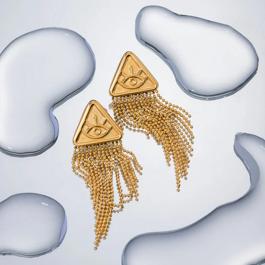Elegant 18K gold-plated stainless steel triangle drop earrings with a captivating Devil's Eye fringe design