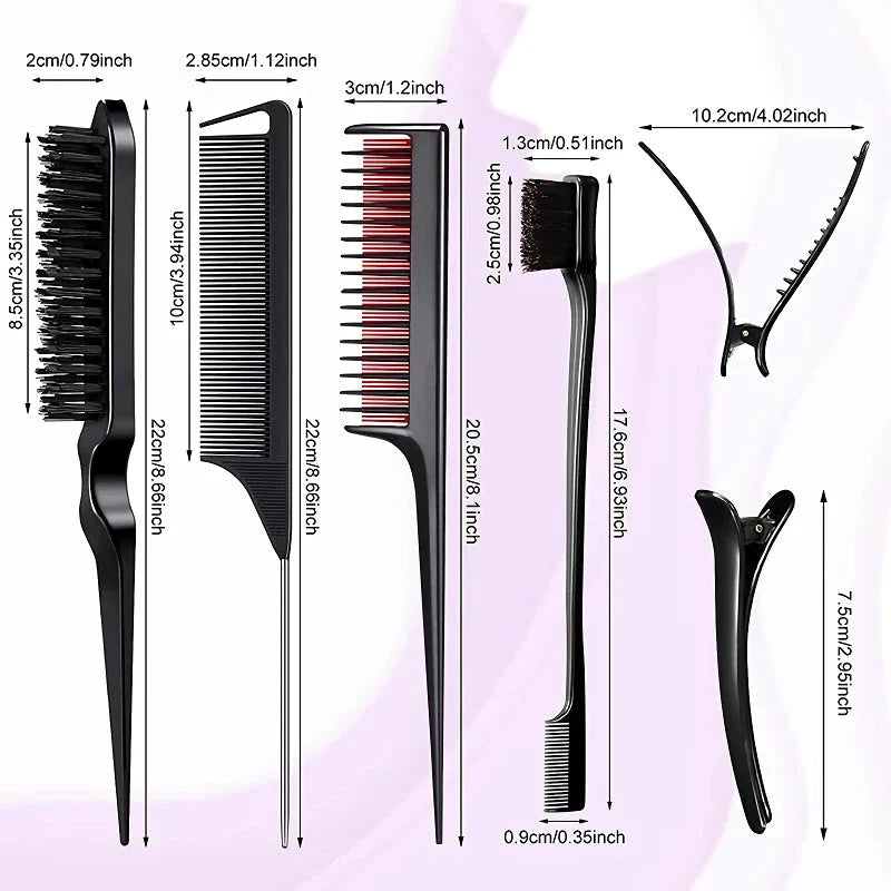 Premium 8-Piece Professional Hair Styling Comb Set with Salon Teasing Brush, Triple Teasing Comb, Rat Tail Comb, and Duckbill Hair Clips