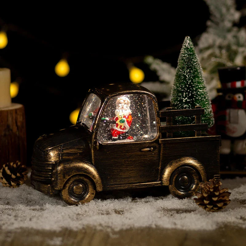 A festive car-mounted crystal ball ornament with a bronze snowman design, playing classic Christmas music.
