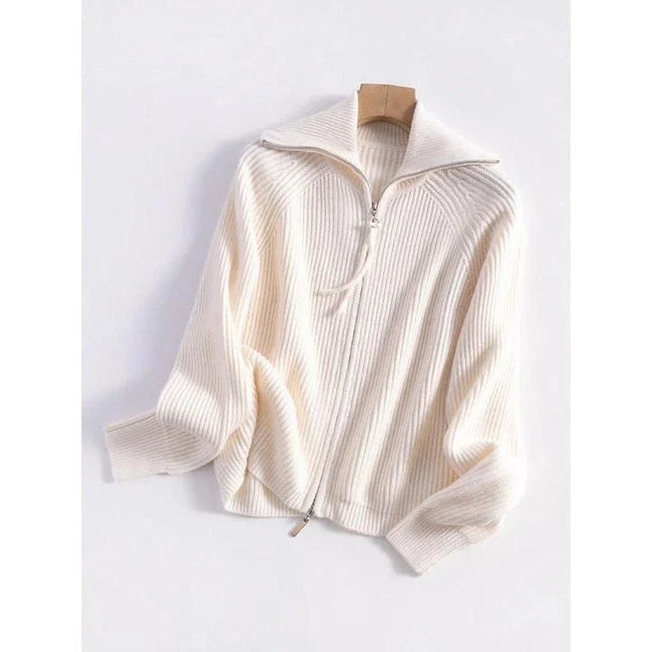 Luxurious 100% wool cardigans in khaki and white, featuring a stylish A-straight pattern and chic turn-down collar for refined autumn and winter style.