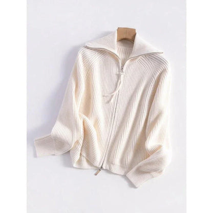 Luxurious 100% wool cardigans in khaki and white, featuring a stylish A-straight pattern and chic turn-down collar for refined autumn and winter style.