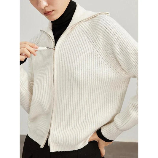 Luxurious 100% wool cardigans in khaki and white, featuring a stylish A-straight pattern and chic turn-down collar for refined autumn and winter style.