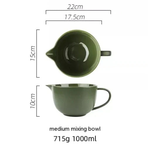Premium porcelain mixing bowl with ergonomic handle and pointed drainage design for easy baking at home