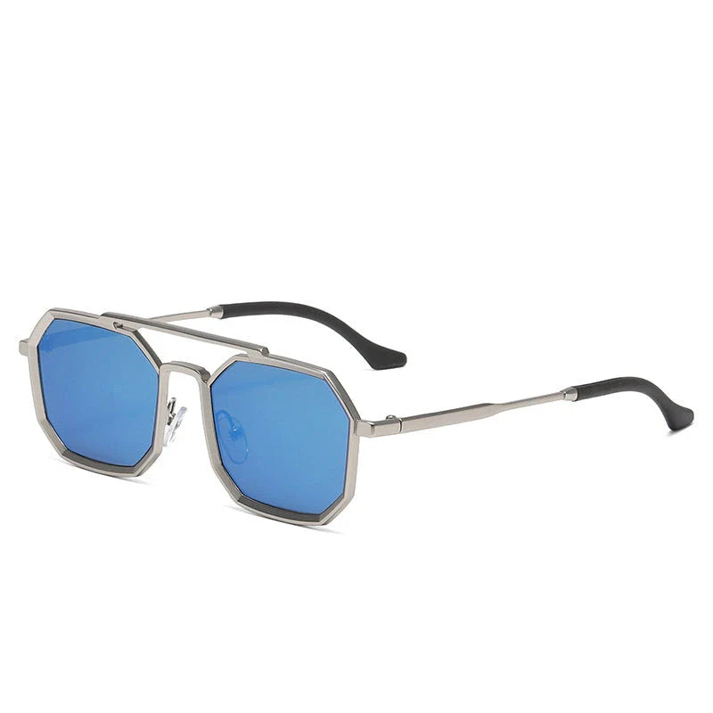 Stylish polygonal double bridge sunglasses with metal frames and mirror-coated lenses for men and women