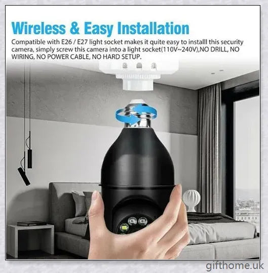 5G Wi-Fi smart home surveillance bulb camera with 360-degree coverage, night vision, and remote monitoring capabilities