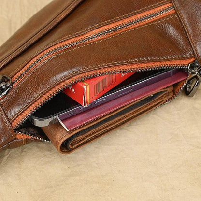 Premium genuine leather messenger bag in brown, coffee, and black colours with brass hardware