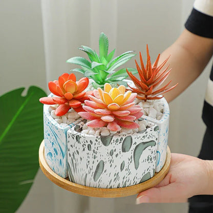 Ceramic succulent planter with bamboo tray, featuring a stylish Nordic-inspired design for indoor greenery