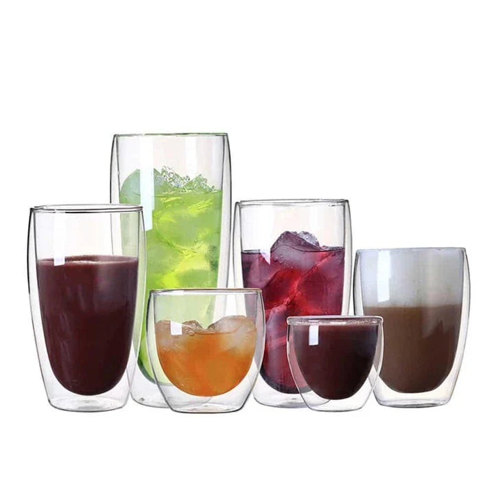 Stylish double-walled glass cup with elegant design, perfect for enjoying hot and cold drinks at the perfect temperature.