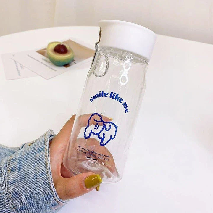 A frosted plastic water bottle with a cartoon dog design, perfect for everyday hydration and a fun, playful look.