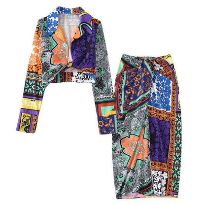 Premium floral printed blouse and skirt set for women with tailored fit and high-quality polyester fabric