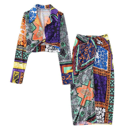 Premium floral printed blouse and skirt set for women with tailored fit and high-quality polyester fabric