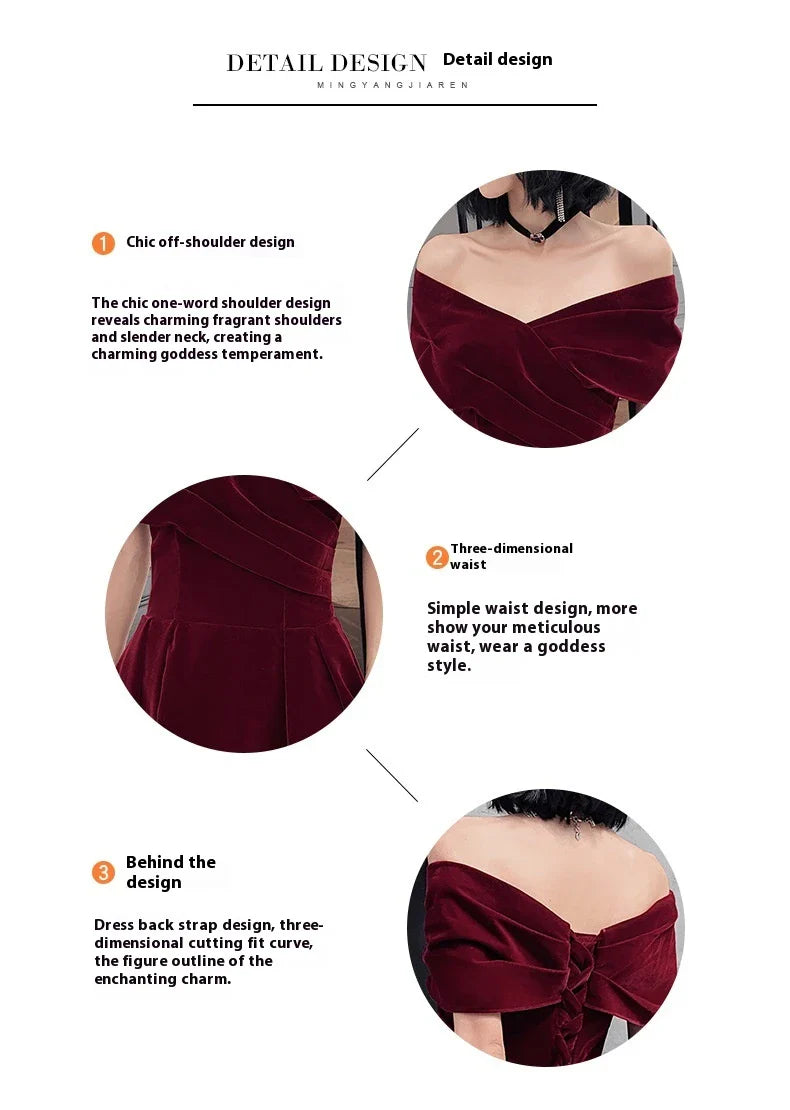Off-shoulder wine red bridal dress with long, flowing skirt and tight waist for a sophisticated, elegant look