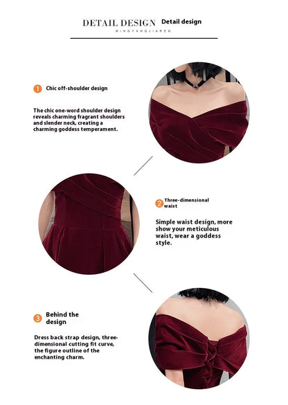 Off-shoulder wine red bridal dress with long, flowing skirt and tight waist for a sophisticated, elegant look