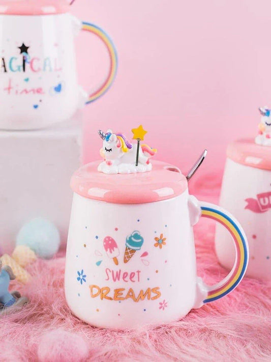 Premium ceramic unicorn coffee mug with 3D lid and stainless steel spoon for a magical daily beverage experience