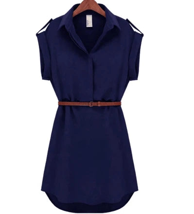 Women's V-Neck Chiffon Mini Dress in Khaki and Navy Blue with Short Sleeves and Cinched Waist