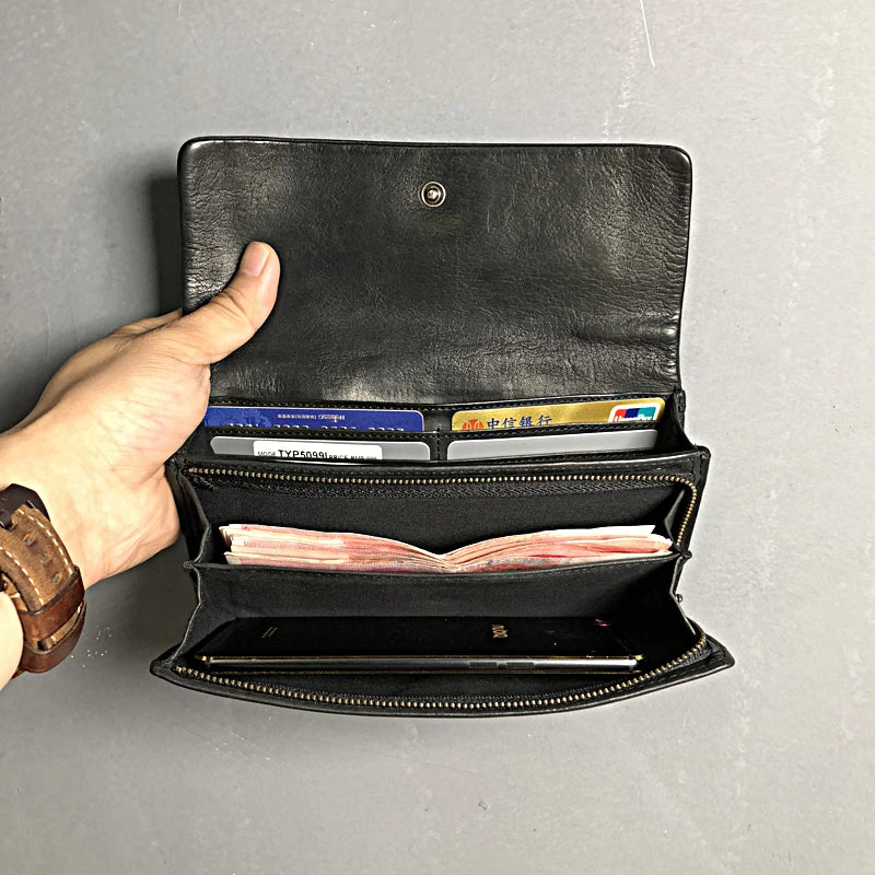 Premium handcrafted cowhide wallet with retro-inspired design, featuring hidden zipper compartment and dedicated card slots