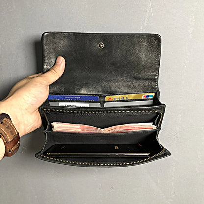 Premium handcrafted cowhide wallet with retro-inspired design, featuring hidden zipper compartment and dedicated card slots