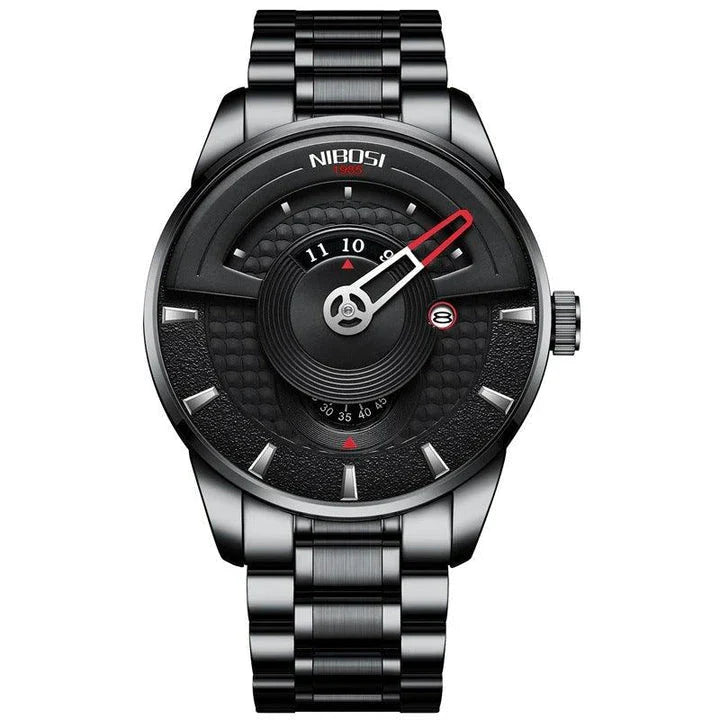 Premium gold-black quartz waterproof watch with alloy case and solid steel strap
