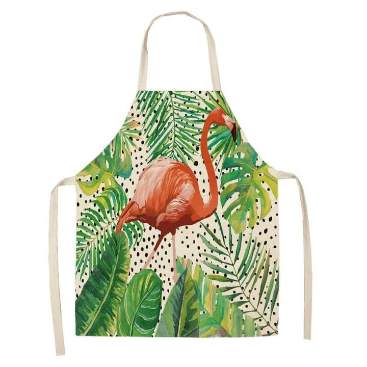 Flamingo Print Apron with Adjustable Neck Strap and Waist Ties, Made of Cotton and Linen Blend