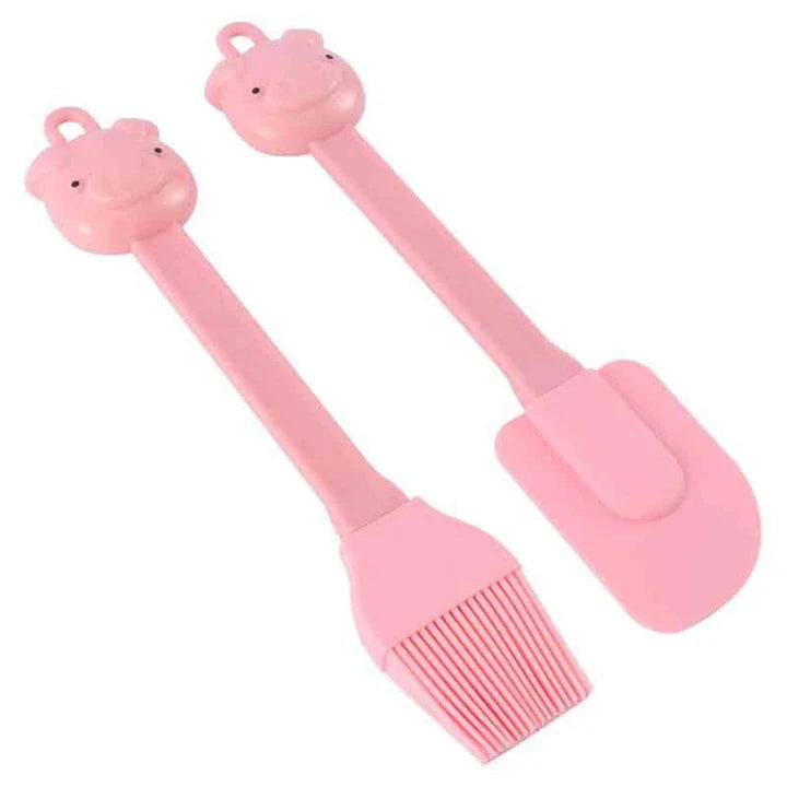 Cartoon pig-shaped silicone baking brush and scraper set for evenly applying oils and removing excess ingredients